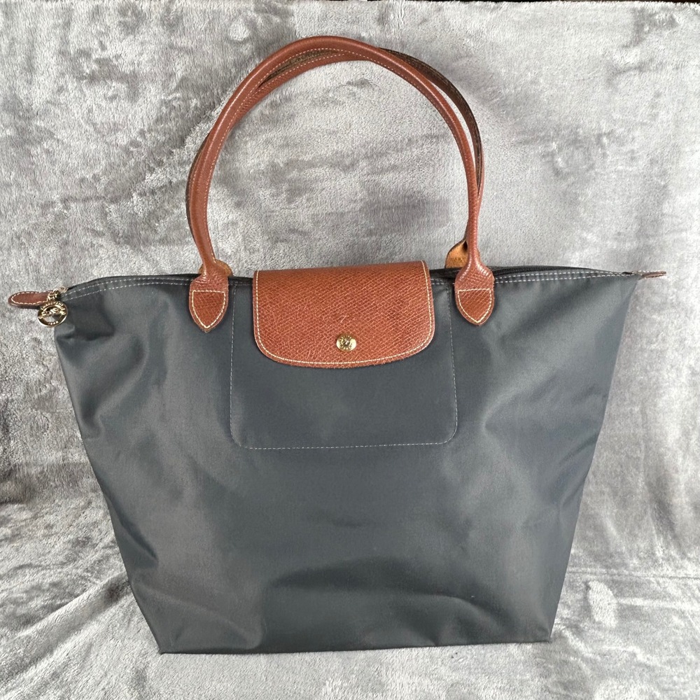 Longchamp Le Pliage Large Shopping Tote Grey Nylon Leather Trim 1899089300